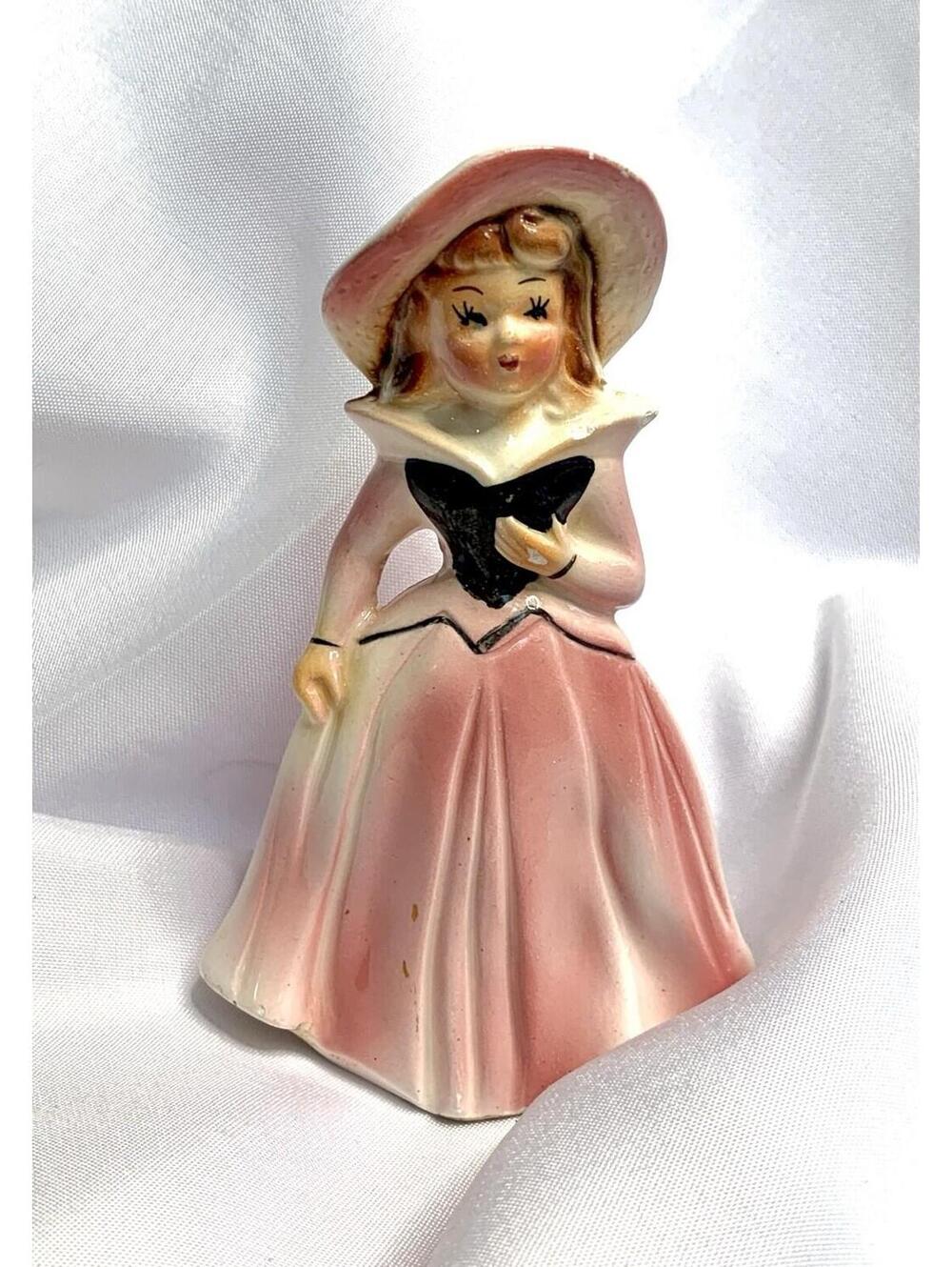 Vintage Pink Lady Figurine Dress Hat Mid-Century 5” Singing Porcelain Figurine